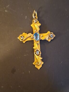 Art Nouveau Gold-Tone/Filled Cross Pendant with Blue Gemstone